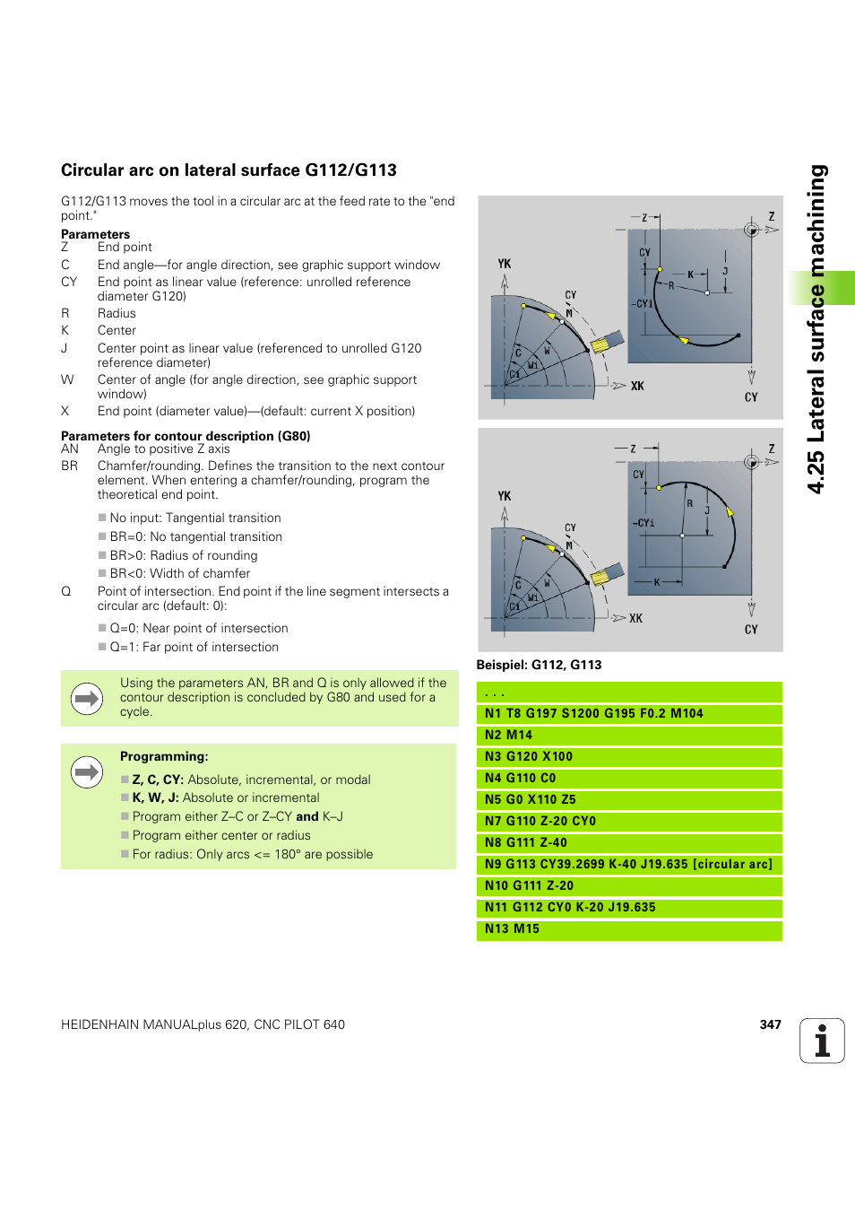 Circular arc on lateral surface g112/g113, 25 lat e ra l surf ace mac h ining | HEIDENHAIN SW 54843x-03 DIN Programming User Manual | Page 347 / 622