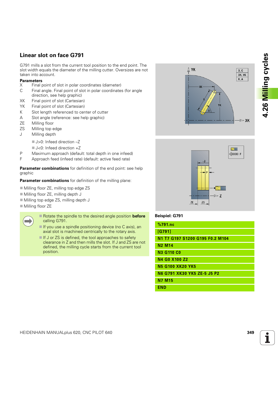 Linear slot on face g791, 26 milling cy cles | HEIDENHAIN SW 54843x-03 DIN Programming User Manual | Page 349 / 622