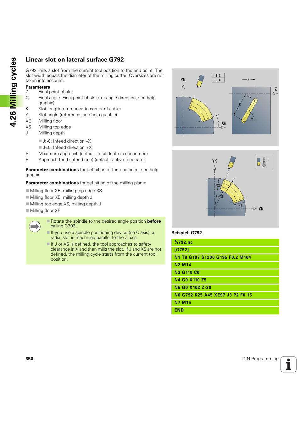 Linear slot on lateral surface g792, 26 milling cy cles | HEIDENHAIN SW 54843x-03 DIN Programming User Manual | Page 350 / 622