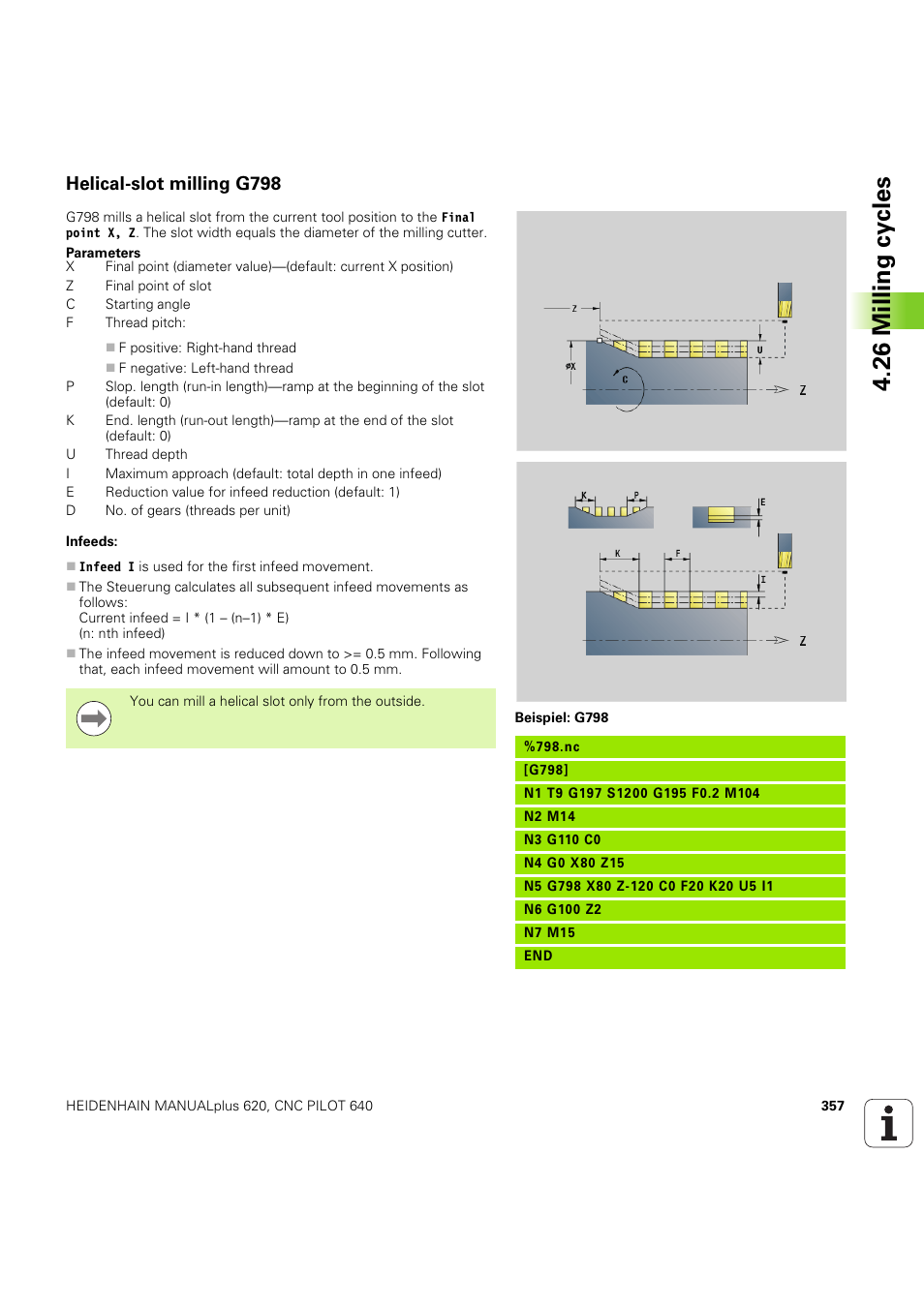 Helical-slot milling g798, 26 milling cy cles | HEIDENHAIN SW 54843x-03 DIN Programming User Manual | Page 357 / 622