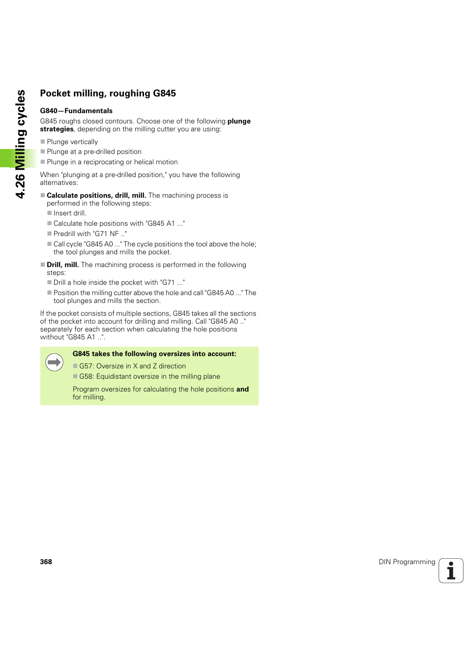 Pocket milling, roughing g845, 26 milling cy cles | HEIDENHAIN SW 54843x-03 DIN Programming User Manual | Page 368 / 622