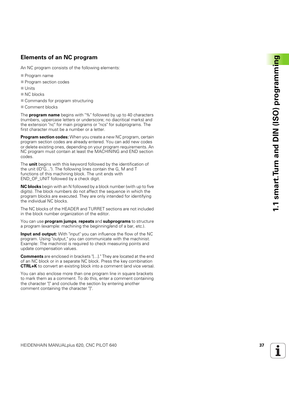 Elements of an nc program, 1 smar t.t u rn and din (iso) pr ogr a mming | HEIDENHAIN SW 54843x-03 DIN Programming User Manual | Page 37 / 622