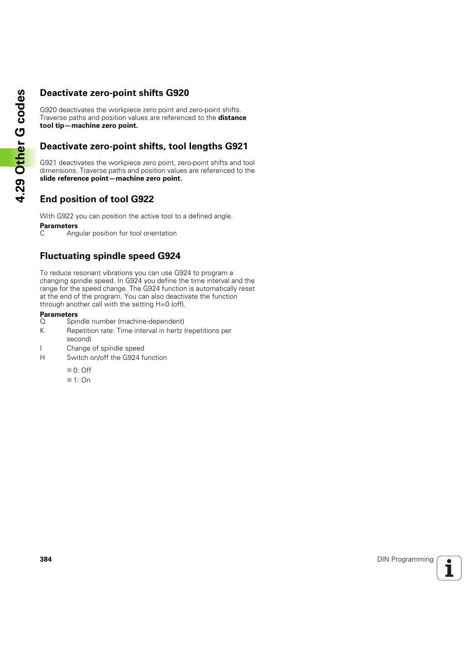 Deactivate zero-point shifts g920, Deactivate zero-point shifts, tool lengths g921, End position of tool g922 | Fluctuating spindle speed g924, 29 other g codes | HEIDENHAIN SW 54843x-03 DIN Programming User Manual | Page 384 / 622