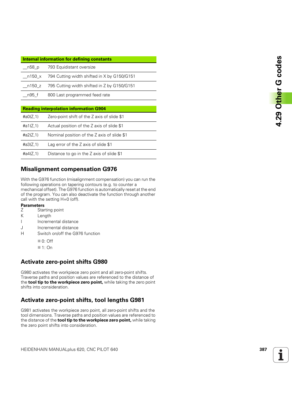 Misalignment compensation g976, Activate zero-point shifts g980, Activate zero-point shifts, tool lengths g981 | 29 other g codes | HEIDENHAIN SW 54843x-03 DIN Programming User Manual | Page 387 / 622