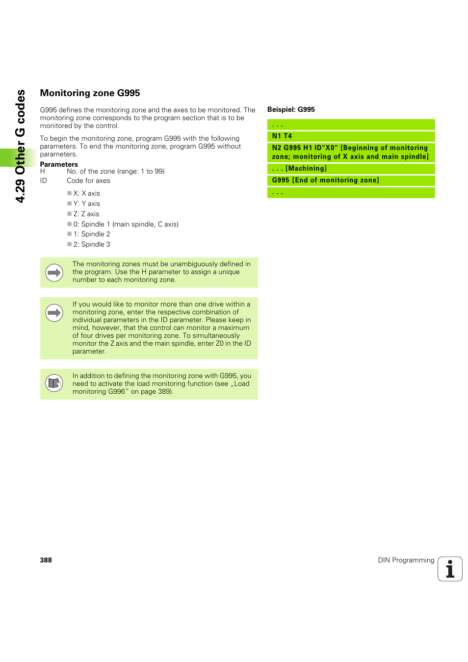 Monitoring zone g995, 29 other g codes | HEIDENHAIN SW 54843x-03 DIN Programming User Manual | Page 388 / 622