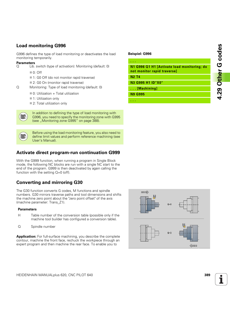 Load monitoring g996, Activate direct program-run continuation g999, Converting and mirroring g30 | 29 other g codes | HEIDENHAIN SW 54843x-03 DIN Programming User Manual | Page 389 / 622