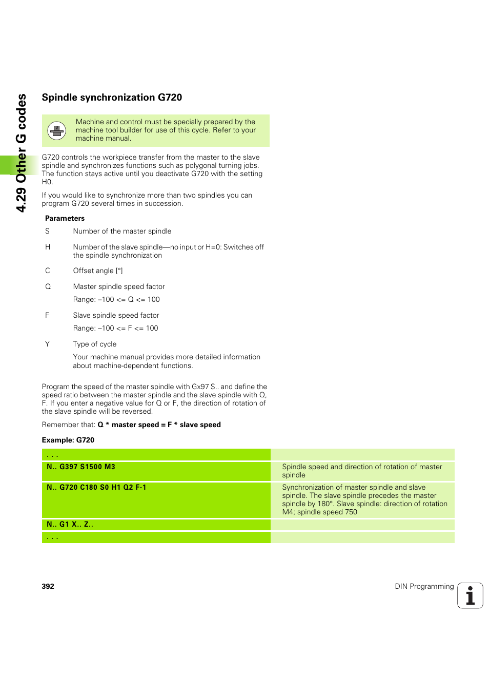 Spindle synchronization g720, 29 other g codes | HEIDENHAIN SW 54843x-03 DIN Programming User Manual | Page 392 / 622