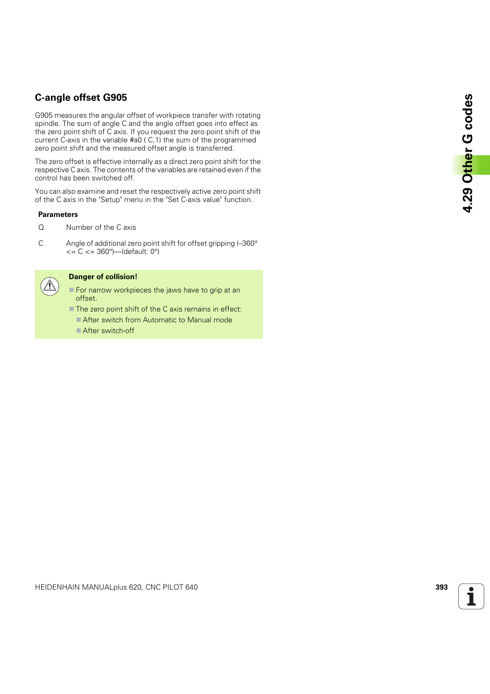 C-angle offset g905, 29 other g codes | HEIDENHAIN SW 54843x-03 DIN Programming User Manual | Page 393 / 622