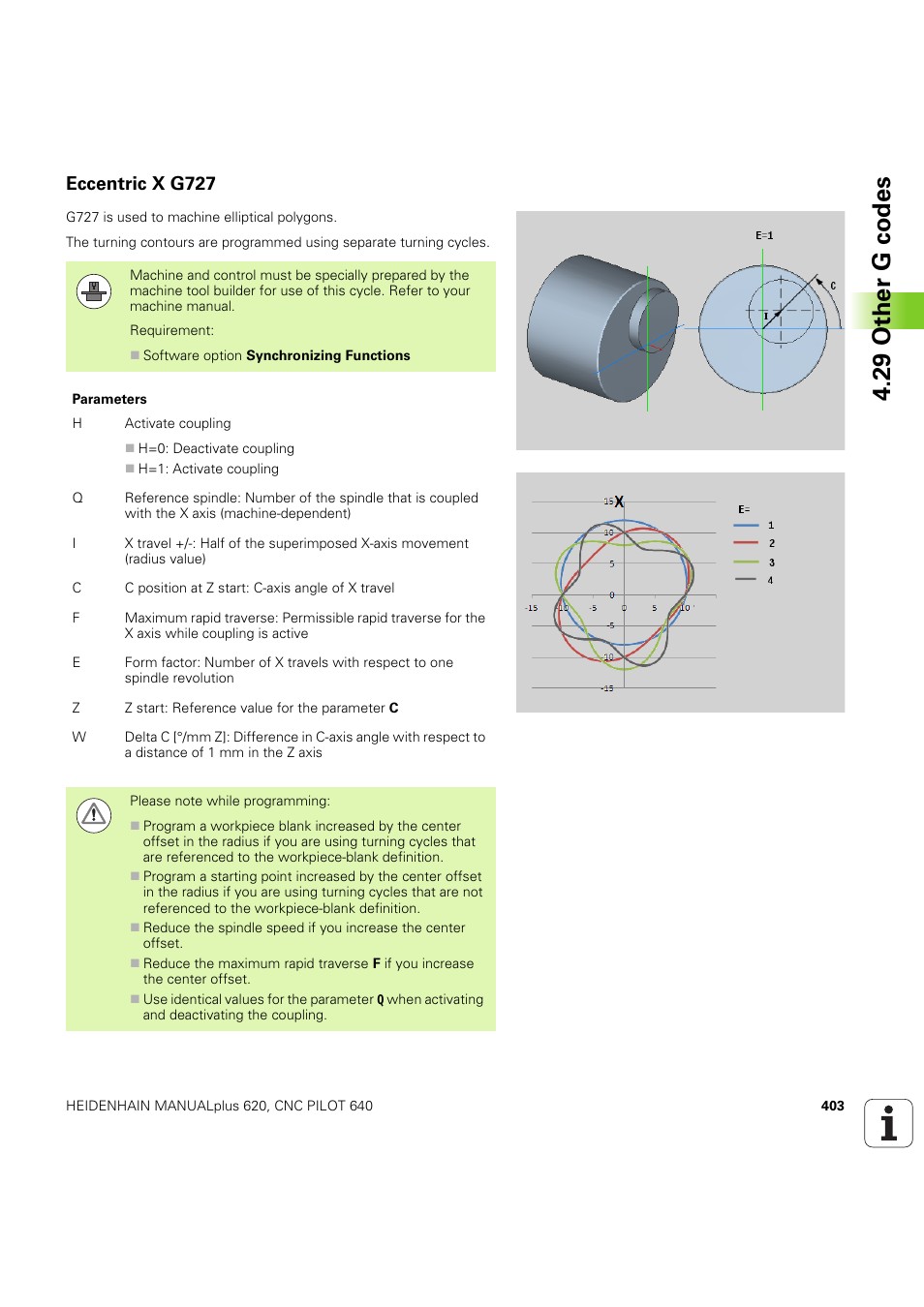 Eccentric x g727, 29 other g codes | HEIDENHAIN SW 54843x-03 DIN Programming User Manual | Page 403 / 622