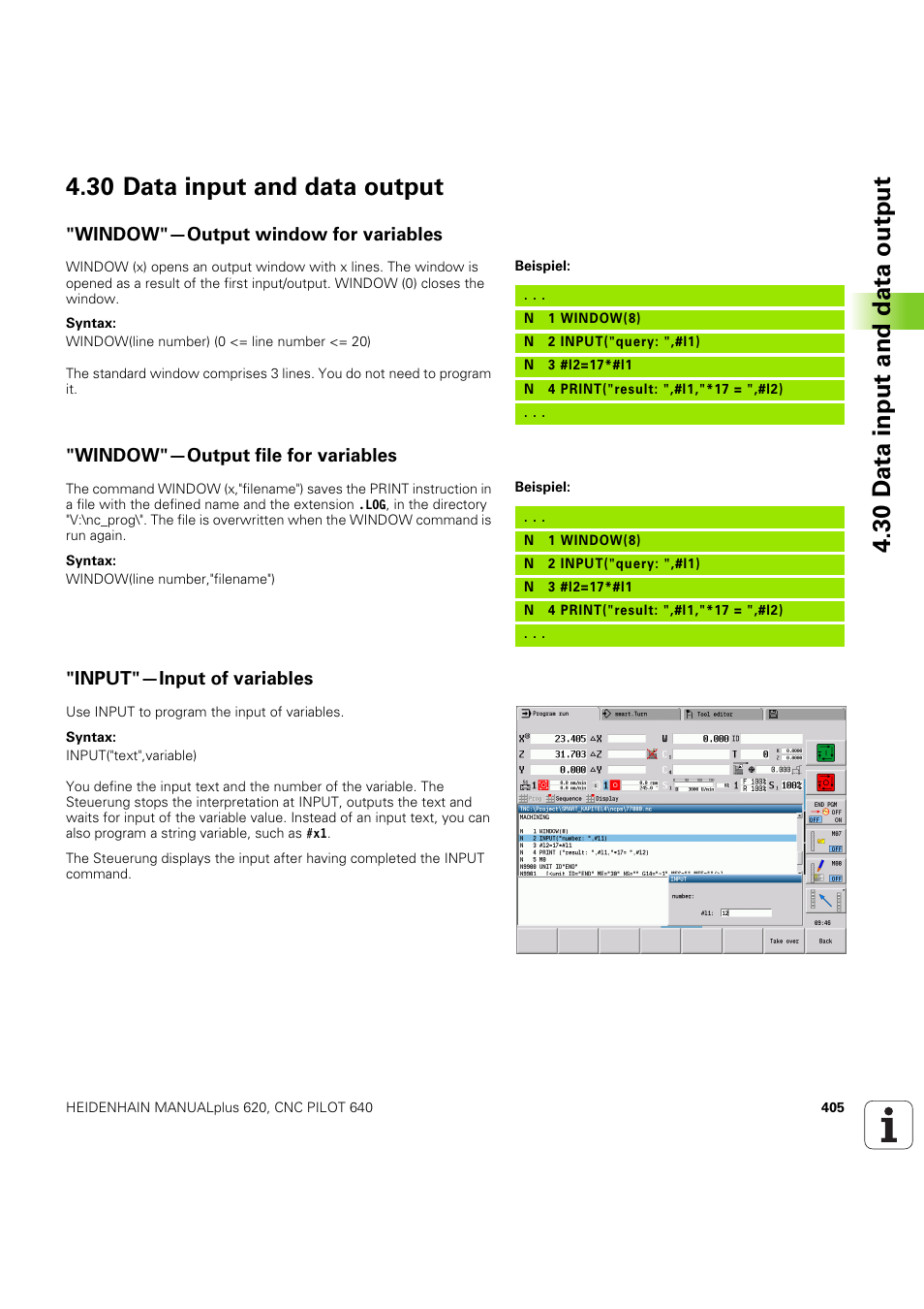 30 data input and data output, Window"—output window for variables, Window"—output file for variables | Input"—input of variables | HEIDENHAIN SW 54843x-03 DIN Programming User Manual | Page 405 / 622