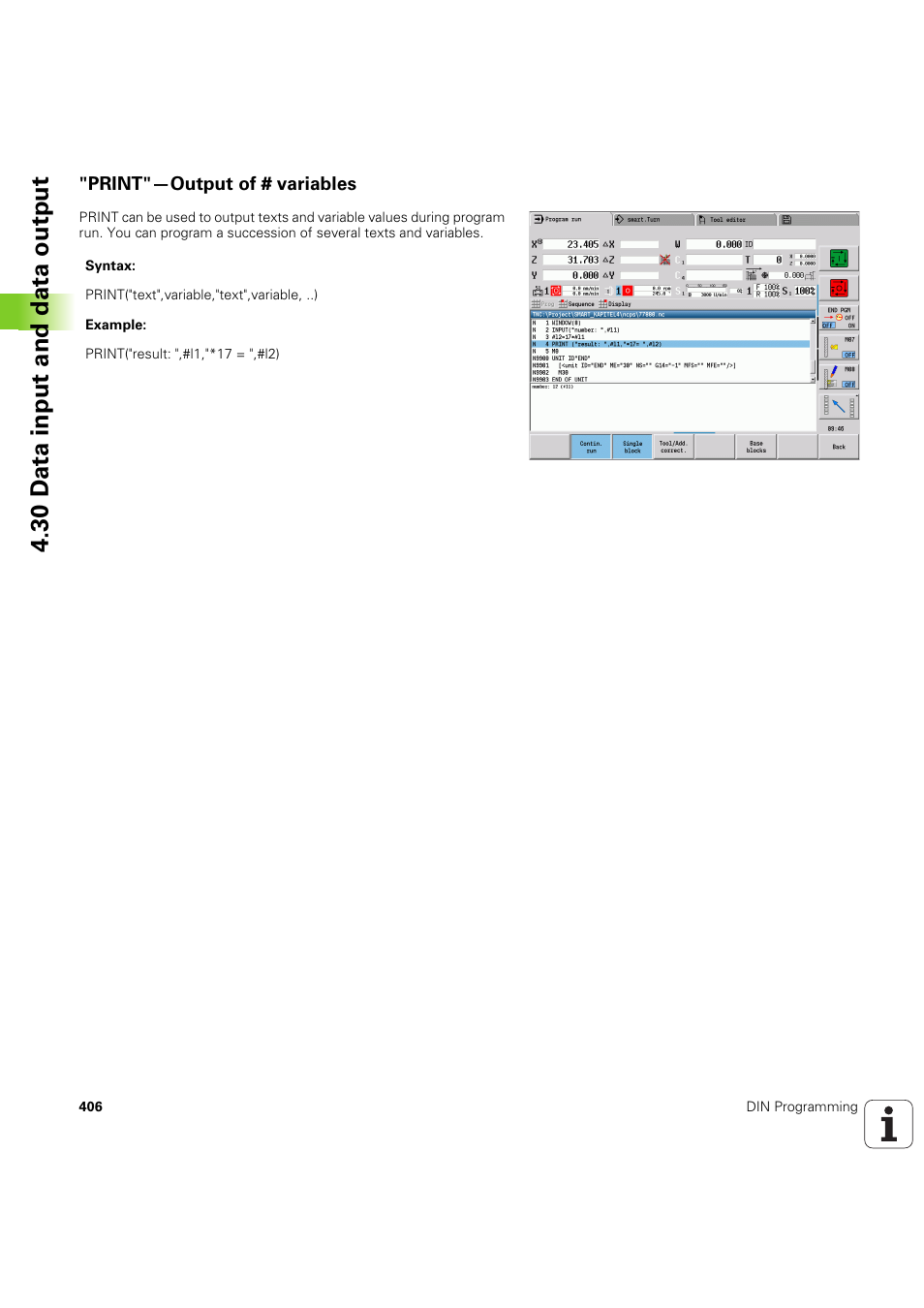 Print"—output of # variables, 30 d a ta input and data output | HEIDENHAIN SW 54843x-03 DIN Programming User Manual | Page 406 / 622