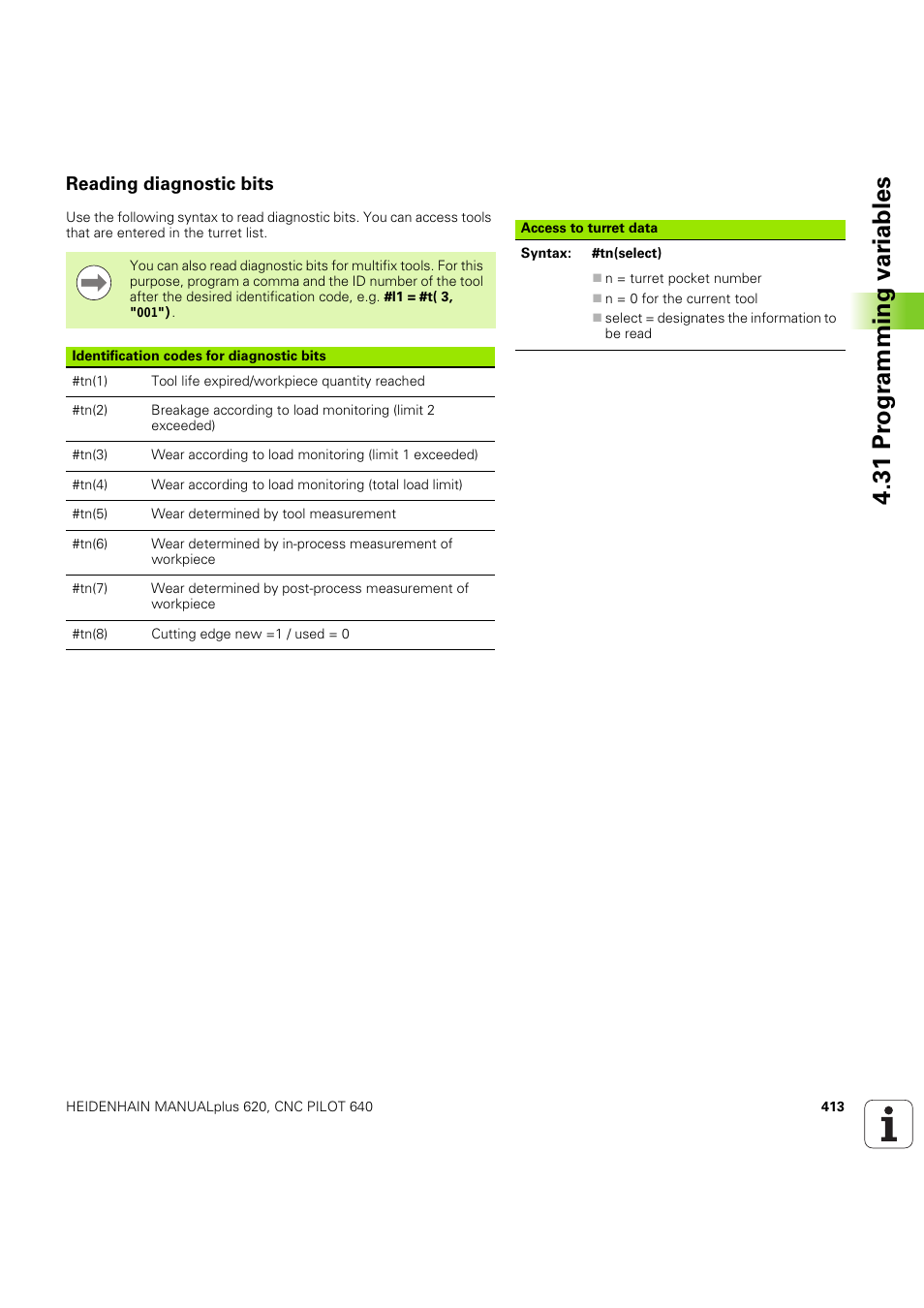 Reading diagnostic bits, 31 pr ogr amming v a ri ables | HEIDENHAIN SW 54843x-03 DIN Programming User Manual | Page 413 / 622