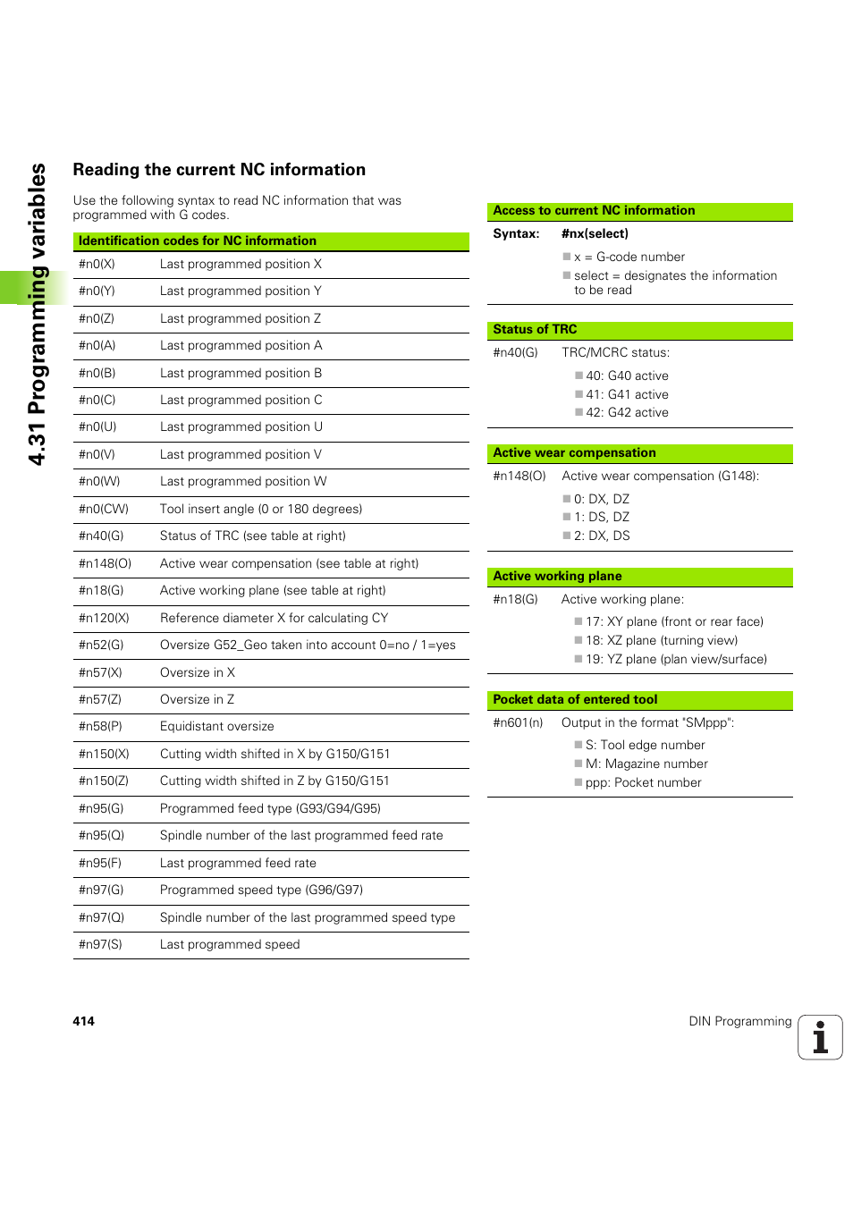 Reading the current nc information, 31 pr ogr amming v a ri ables | HEIDENHAIN SW 54843x-03 DIN Programming User Manual | Page 414 / 622