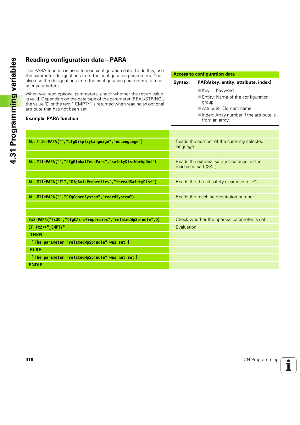 Reading configuration data—para, 31 pr ogr amming v a ri ables | HEIDENHAIN SW 54843x-03 DIN Programming User Manual | Page 418 / 622