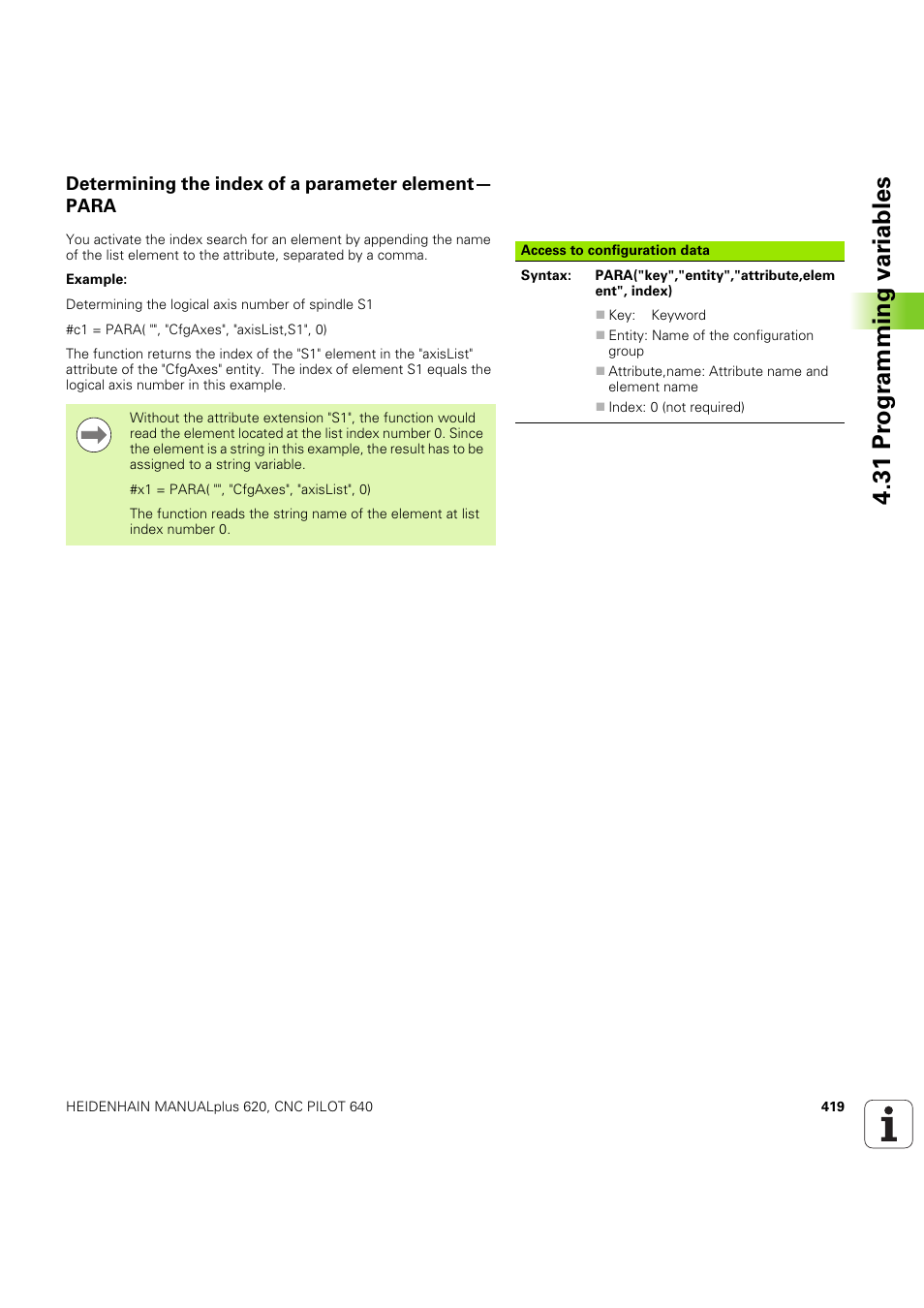 Determining the index of a parameter element— para, Determining the index of a parameter element—para, 31 pr ogr amming v a ri ables | HEIDENHAIN SW 54843x-03 DIN Programming User Manual | Page 419 / 622