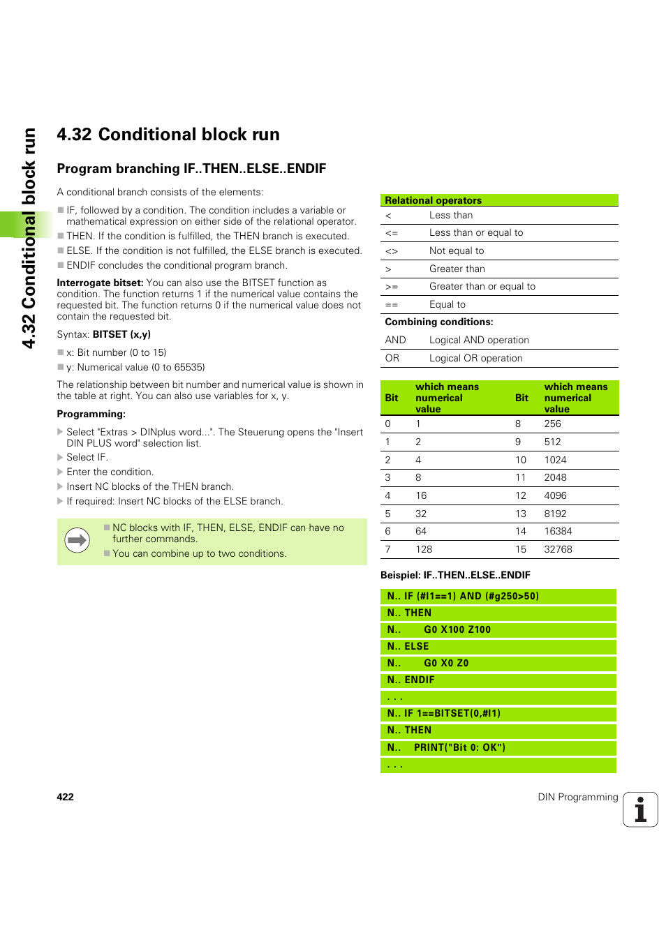 32 conditional block run, Program branching if..then..else..endif | HEIDENHAIN SW 54843x-03 DIN Programming User Manual | Page 422 / 622