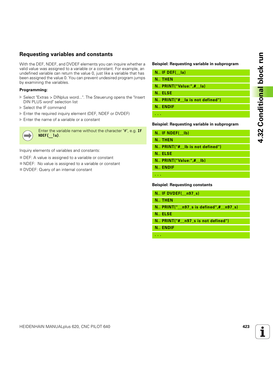 Requesting variables and constants | HEIDENHAIN SW 54843x-03 DIN Programming User Manual | Page 423 / 622