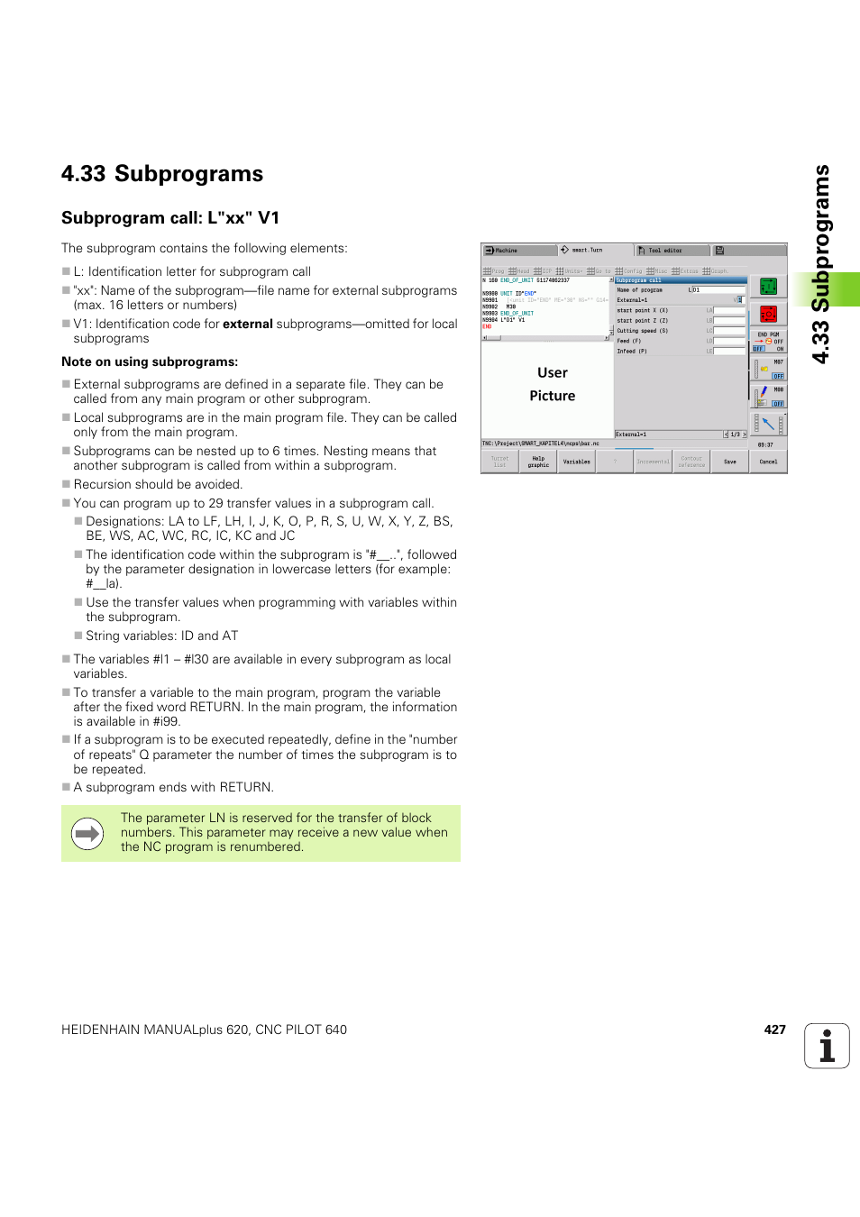 33 subprograms, Subprogram call: l"xx" v1 | HEIDENHAIN SW 54843x-03 DIN Programming User Manual | Page 427 / 622