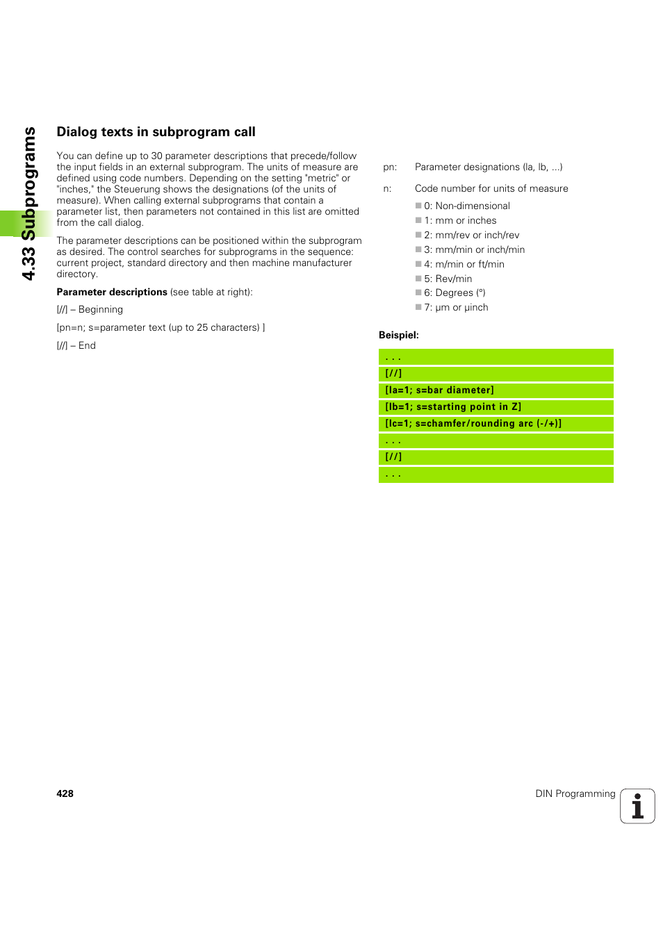 Dialog texts in subprogram call, 33 subpr ogr a ms | HEIDENHAIN SW 54843x-03 DIN Programming User Manual | Page 428 / 622