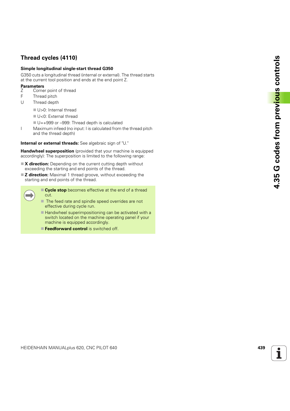 Thread cycles (4110), 35 g codes fr om pr evious contr o ls | HEIDENHAIN SW 54843x-03 DIN Programming User Manual | Page 439 / 622