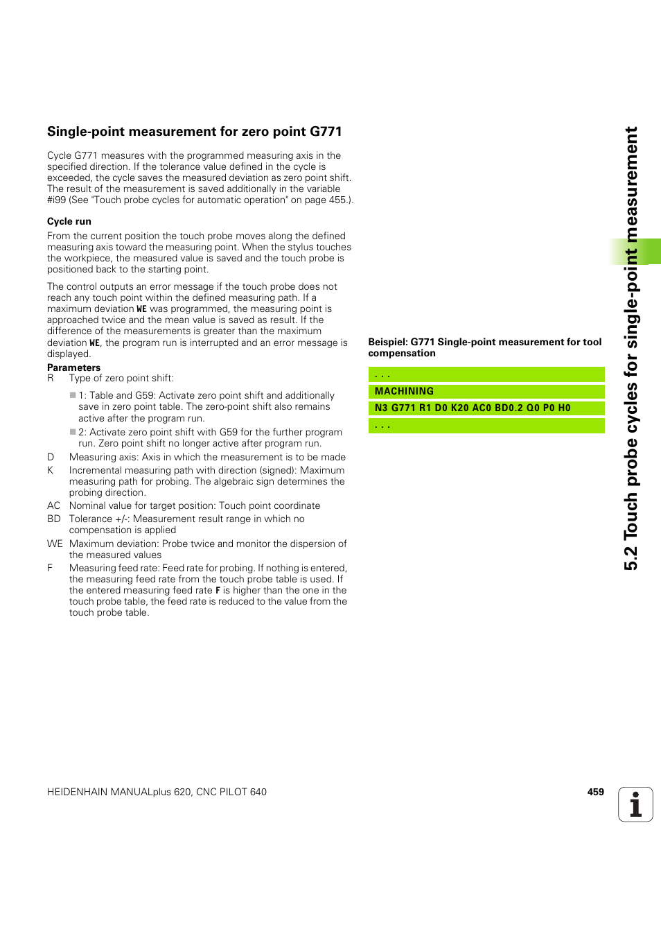 Single-point measurement for zero point g771 | HEIDENHAIN SW 54843x-03 DIN Programming User Manual | Page 459 / 622
