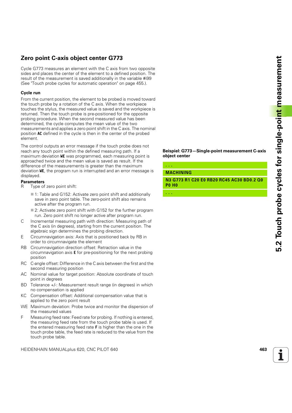 Zero point c-axis object center g773 | HEIDENHAIN SW 54843x-03 DIN Programming User Manual | Page 463 / 622