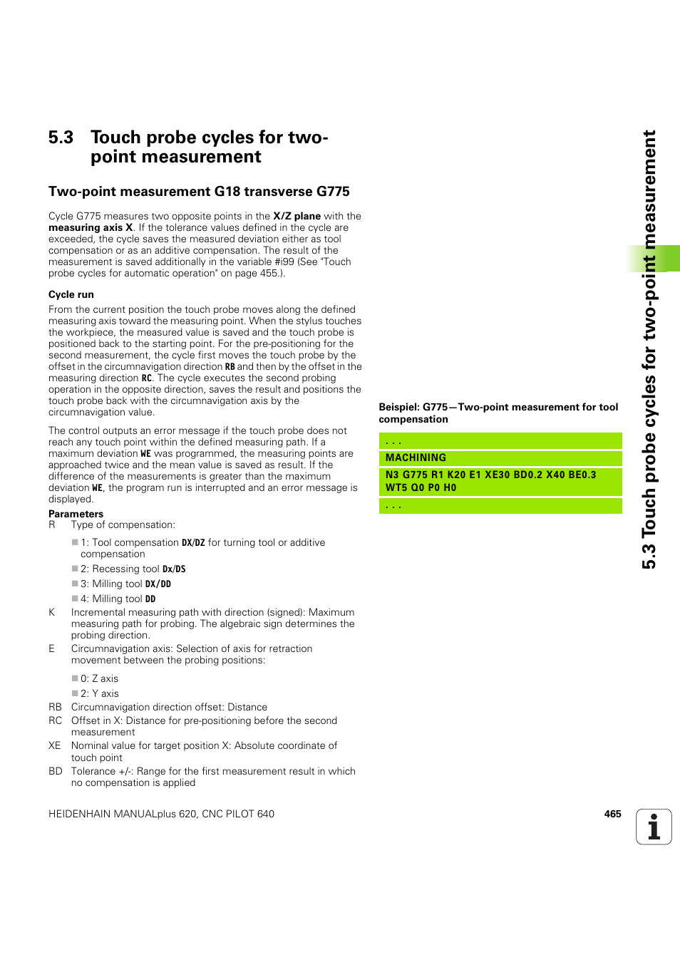 3 touch probe cycles for two- point measurement, Two-point measurement g18 transverse g775, 3 touch probe cycles for two-point measurement | HEIDENHAIN SW 54843x-03 DIN Programming User Manual | Page 465 / 622