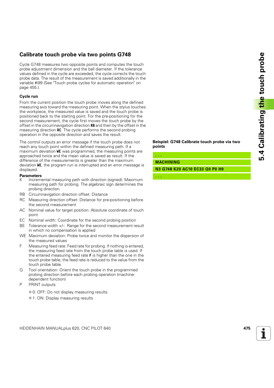 Calibrate touch probe via two points g748, 4 calibr a ting the t o uc h pr obe | HEIDENHAIN SW 54843x-03 DIN Programming User Manual | Page 475 / 622