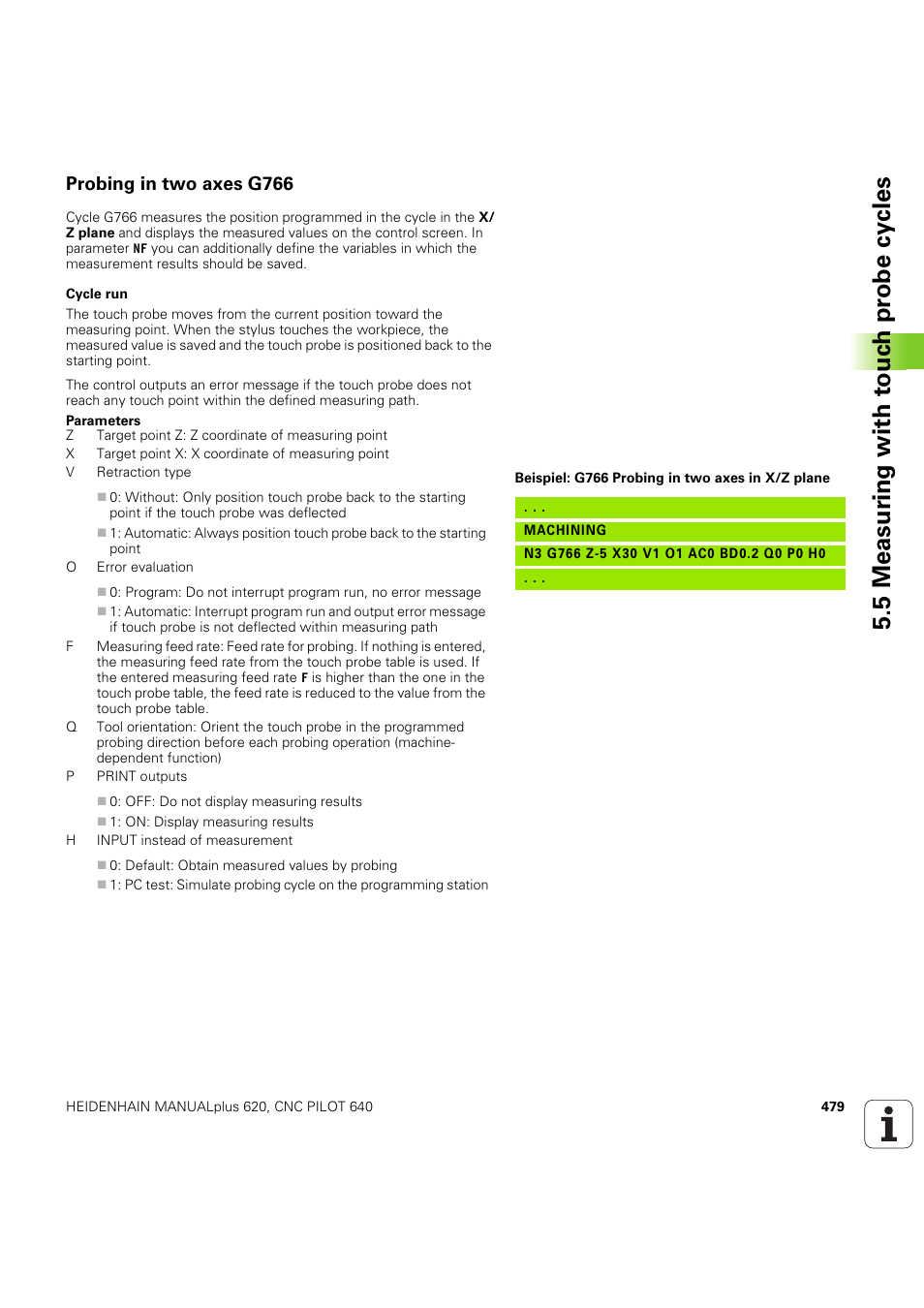 Probing in two axes g766, 5 measur ing with t o uc h pr obe cy cles | HEIDENHAIN SW 54843x-03 DIN Programming User Manual | Page 479 / 622