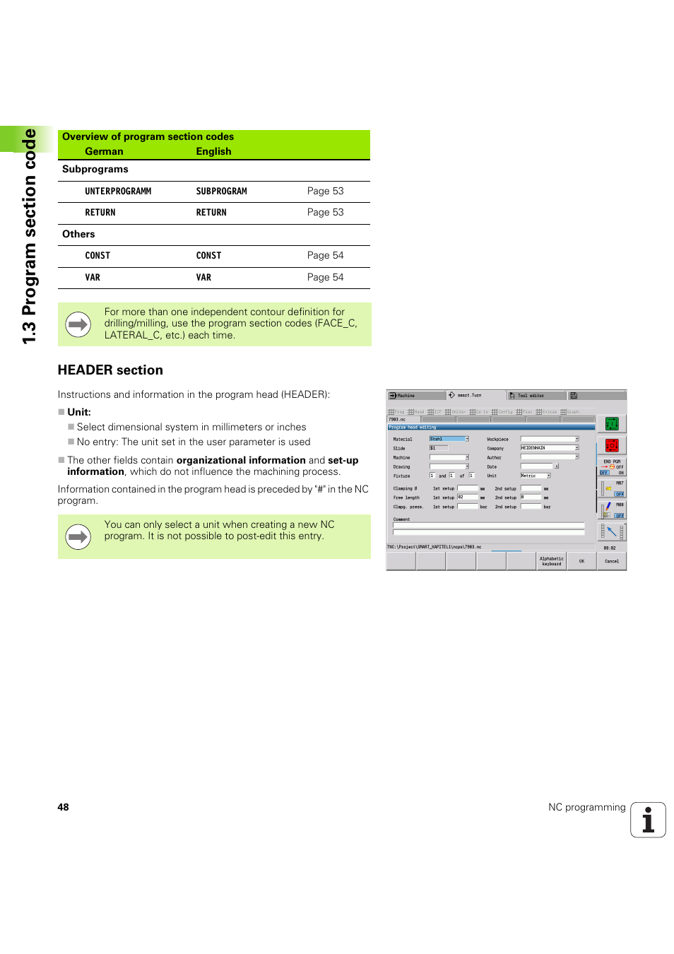 Header section | HEIDENHAIN SW 54843x-03 DIN Programming User Manual | Page 48 / 622