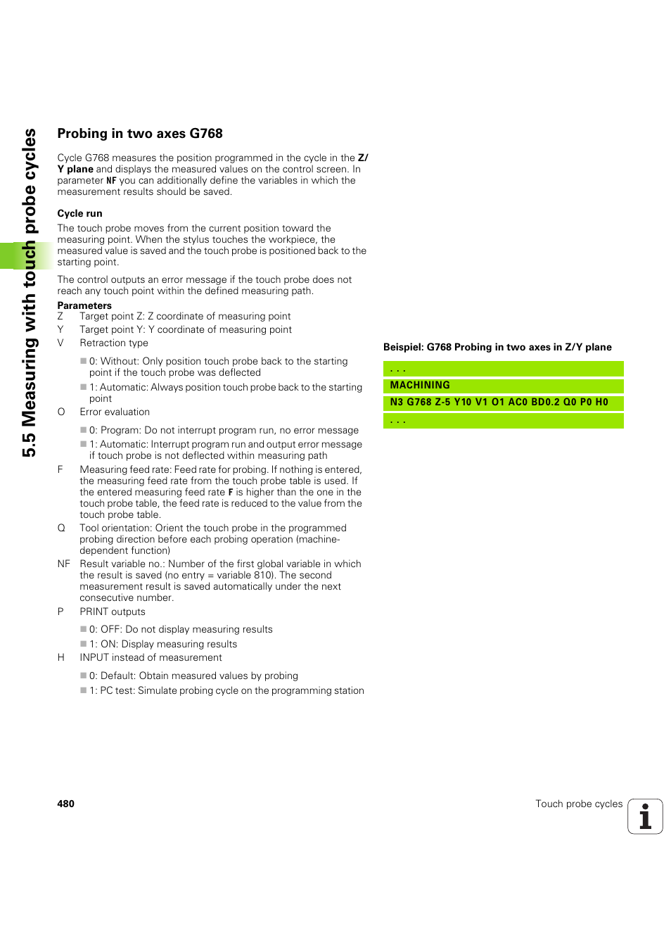 Probing in two axes g768, 5 measur ing with t o uc h pr obe cy cles | HEIDENHAIN SW 54843x-03 DIN Programming User Manual | Page 480 / 622
