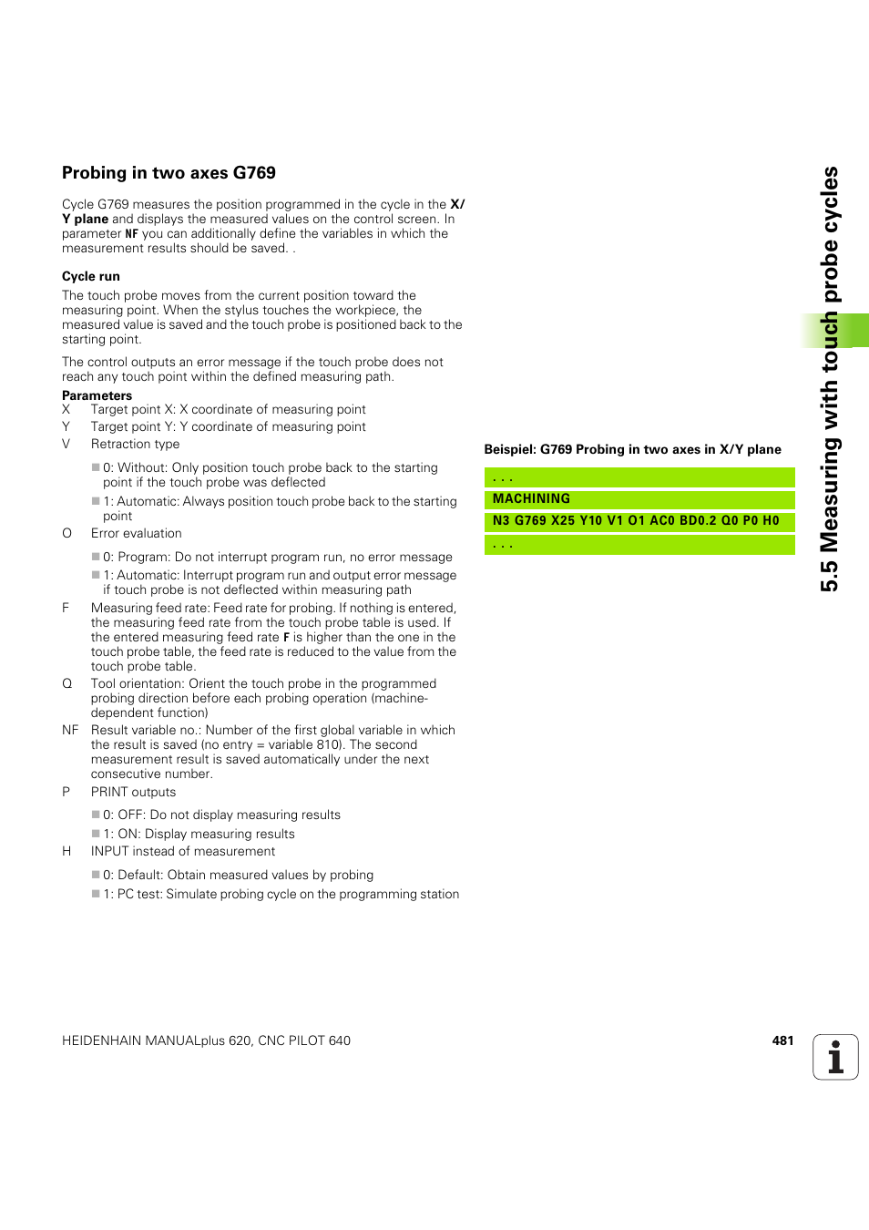 Probing in two axes g769, 5 measur ing with t o uc h pr obe cy cles | HEIDENHAIN SW 54843x-03 DIN Programming User Manual | Page 481 / 622