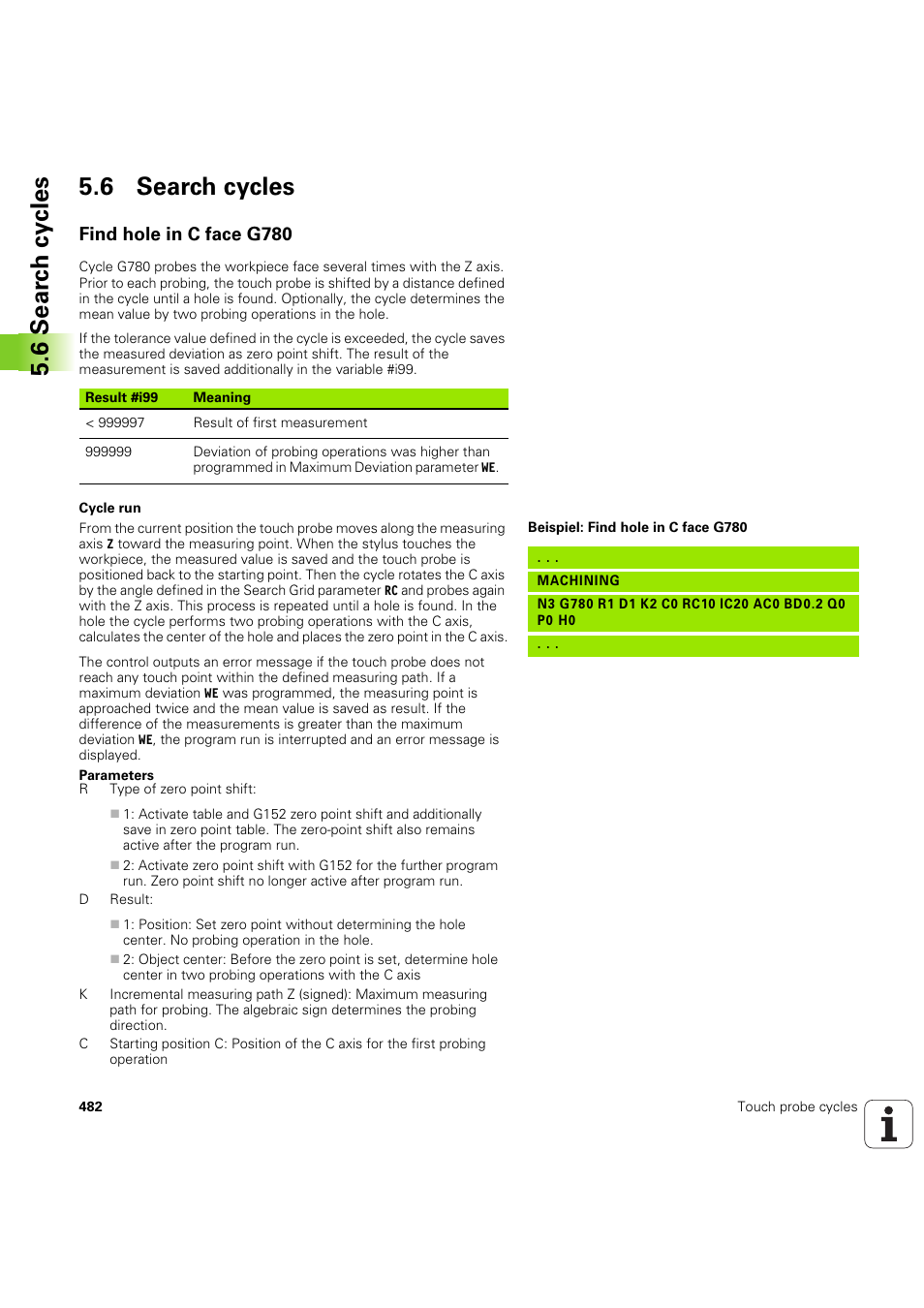 6 search cycles, Find hole in c face g780, 6 sear c h cy cles 5.6 search cycles | HEIDENHAIN SW 54843x-03 DIN Programming User Manual | Page 482 / 622