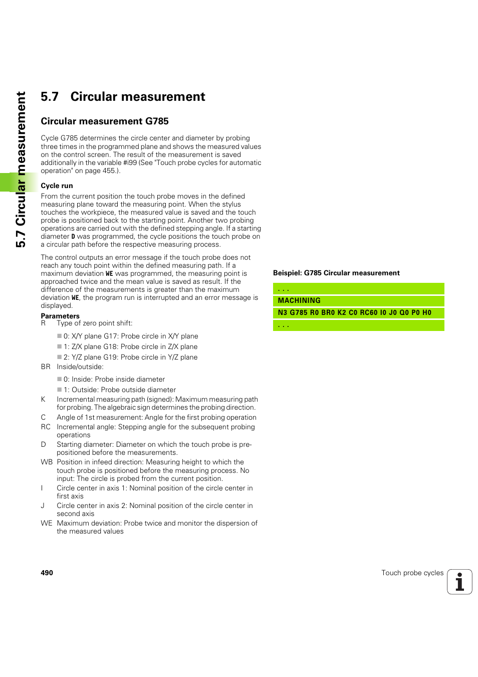 7 circular measurement, Circular measurement g785, 7 cir c ular measur ement 5.7 circular measurement | HEIDENHAIN SW 54843x-03 DIN Programming User Manual | Page 490 / 622