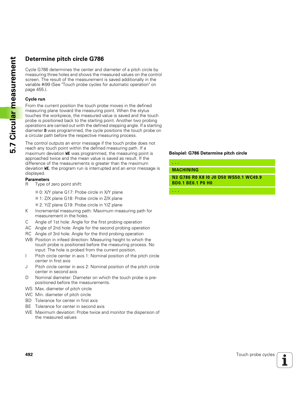 Determine pitch circle g786, 7 cir c ular measur ement | HEIDENHAIN SW 54843x-03 DIN Programming User Manual | Page 492 / 622