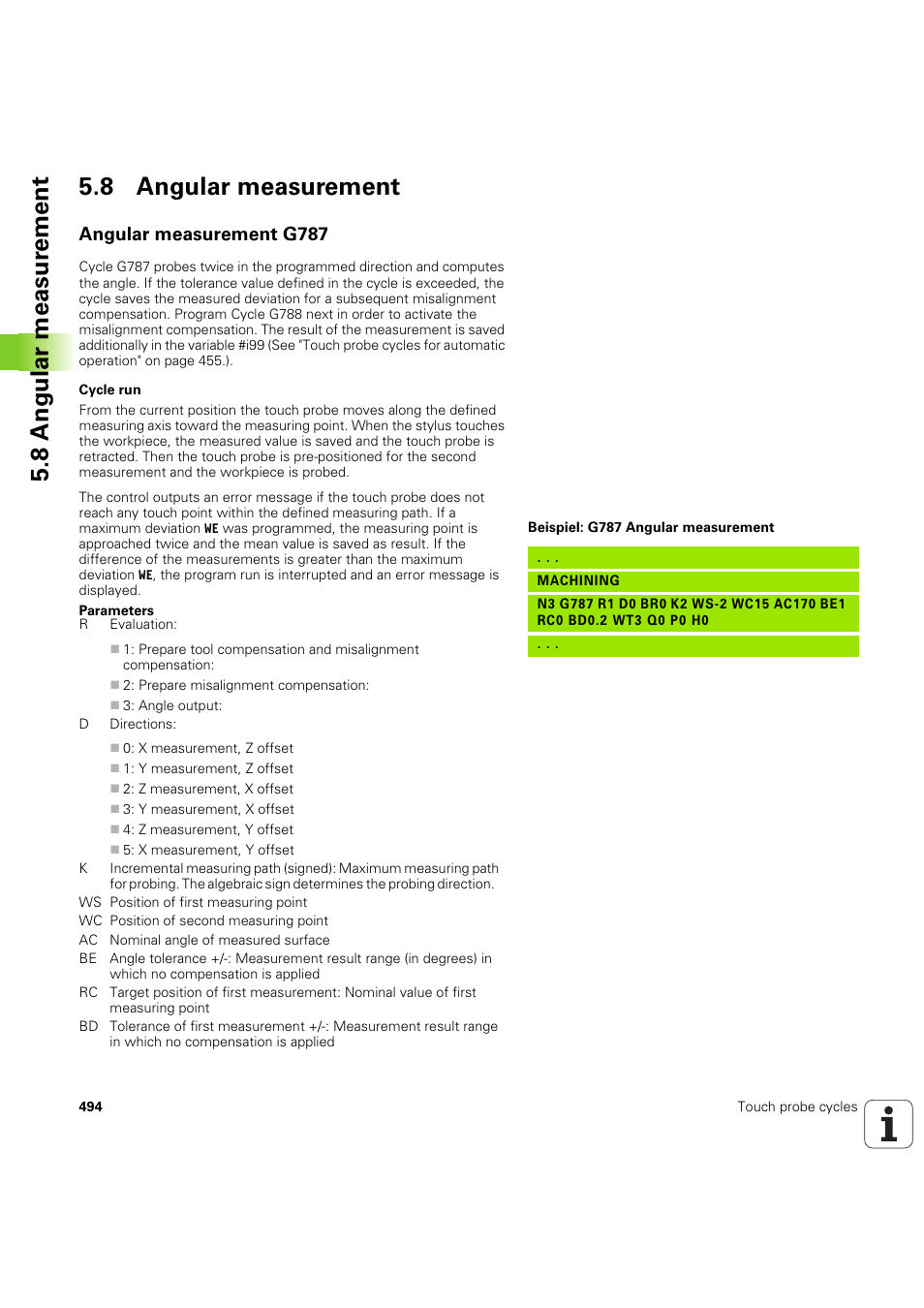 8 angular measurement, Angular measurement g787, 8 angular measur ement 5.8 angular measurement | HEIDENHAIN SW 54843x-03 DIN Programming User Manual | Page 494 / 622