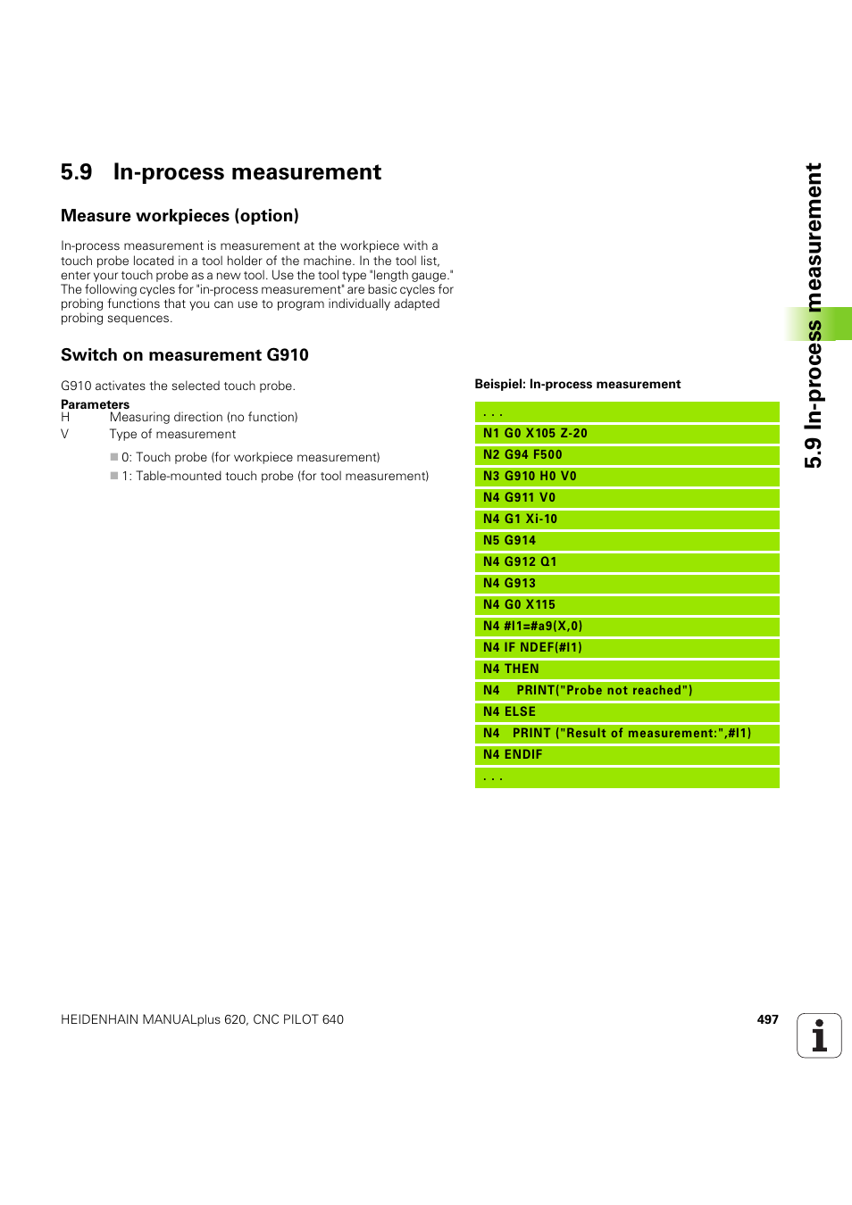 9 in-process measurement, Measure workpieces (option), Switch on measurement g910 | HEIDENHAIN SW 54843x-03 DIN Programming User Manual | Page 497 / 622