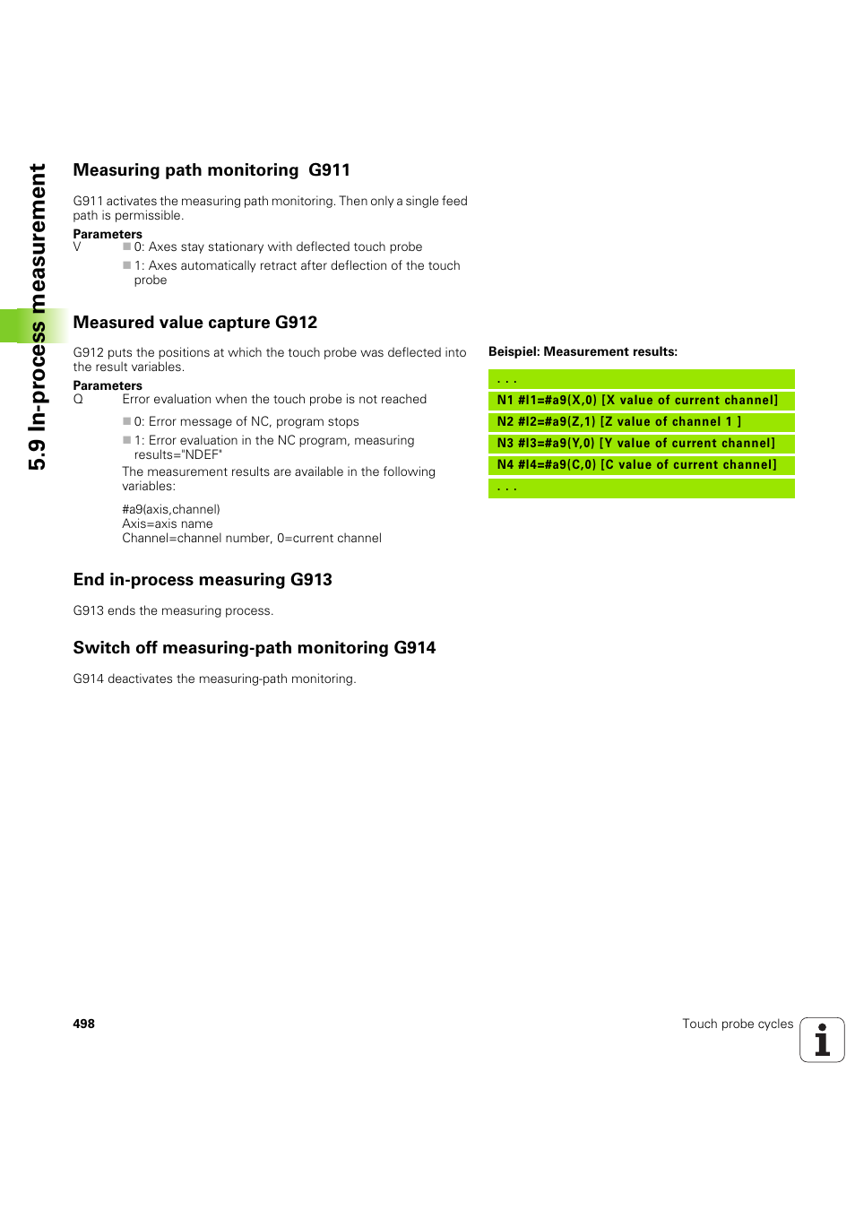 Measuring path monitoring g911, Measured value capture g912, End in-process measuring g913 | Switch off measuring-path monitoring g914, 9 in-pr o cess measur ement | HEIDENHAIN SW 54843x-03 DIN Programming User Manual | Page 498 / 622