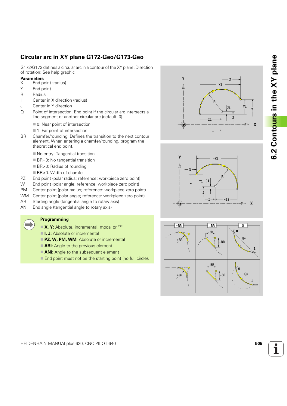 Circular arc in xy plane g172-geo/g173-geo, 2 cont ours in the xy plane | HEIDENHAIN SW 54843x-03 DIN Programming User Manual | Page 505 / 622