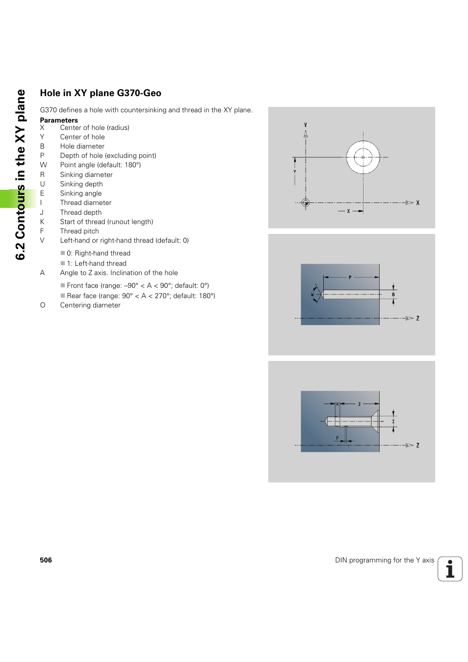 Hole in xy plane g370-geo, 2 cont ours in the xy plane | HEIDENHAIN SW 54843x-03 DIN Programming User Manual | Page 506 / 622