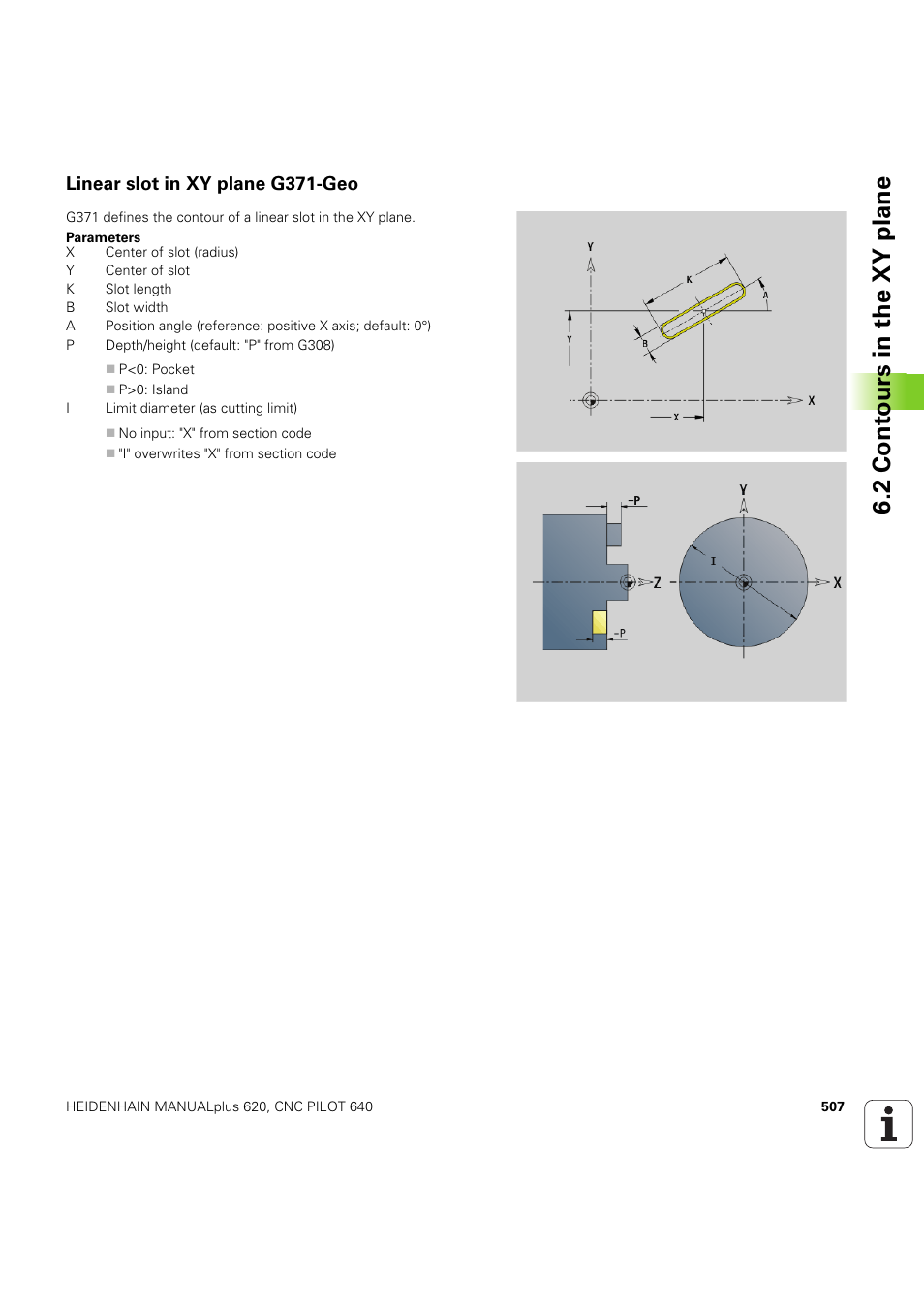 Linear slot in xy plane g371-geo, 2 cont ours in the xy plane | HEIDENHAIN SW 54843x-03 DIN Programming User Manual | Page 507 / 622