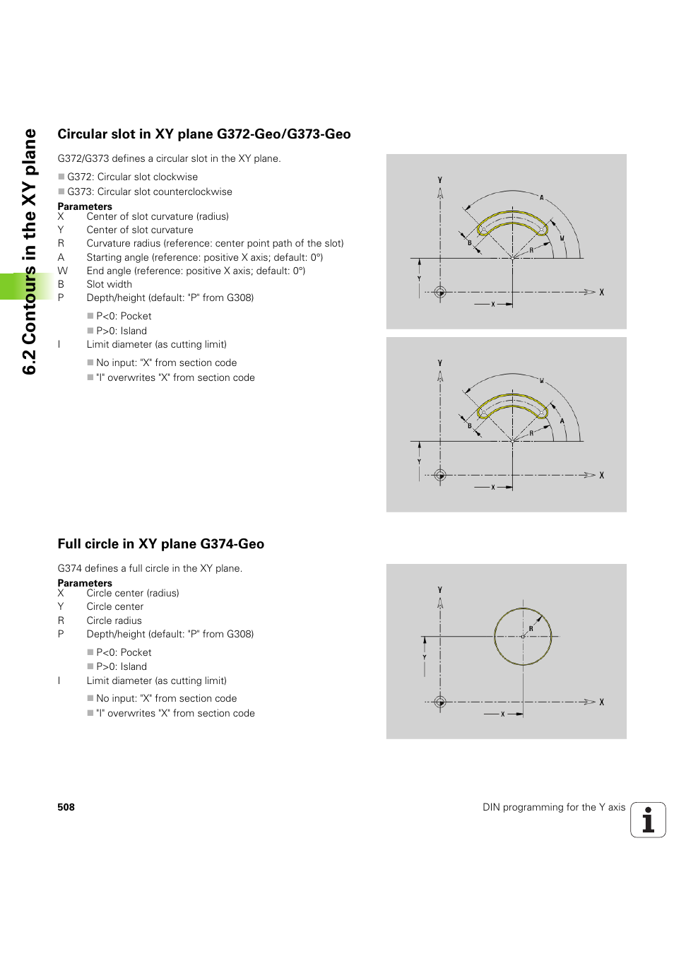 Circular slot in xy plane g372-geo/g373-geo, Full circle in xy plane g374-geo, 2 cont ours in the xy plane | HEIDENHAIN SW 54843x-03 DIN Programming User Manual | Page 508 / 622