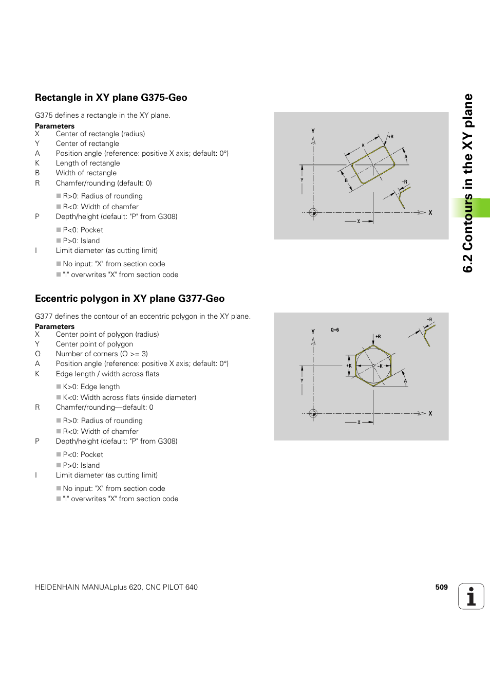 Rectangle in xy plane g375-geo, Eccentric polygon in xy plane g377-geo, 2 cont ours in the xy plane | HEIDENHAIN SW 54843x-03 DIN Programming User Manual | Page 509 / 622
