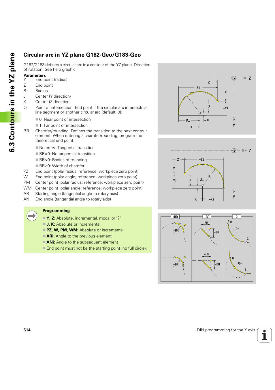 Circular arc in yz plane g182-geo/g183-geo, 3 cont ours in the yz plane | HEIDENHAIN SW 54843x-03 DIN Programming User Manual | Page 514 / 622