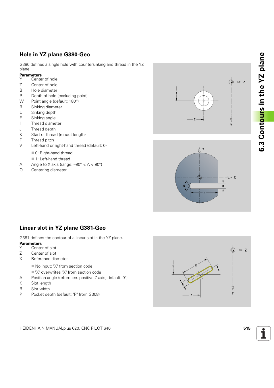 Hole in yz plane g380-geo, Linear slot in yz plane g381-geo, 3 cont ours in the yz plane | HEIDENHAIN SW 54843x-03 DIN Programming User Manual | Page 515 / 622