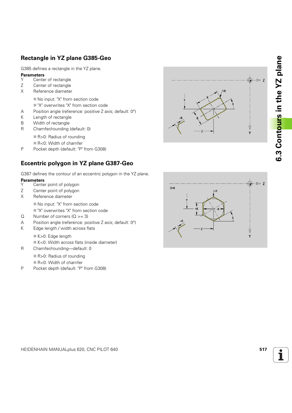 Rectangle in yz plane g385-geo, Eccentric polygon in yz plane g387-geo, 3 cont ours in the yz plane | HEIDENHAIN SW 54843x-03 DIN Programming User Manual | Page 517 / 622