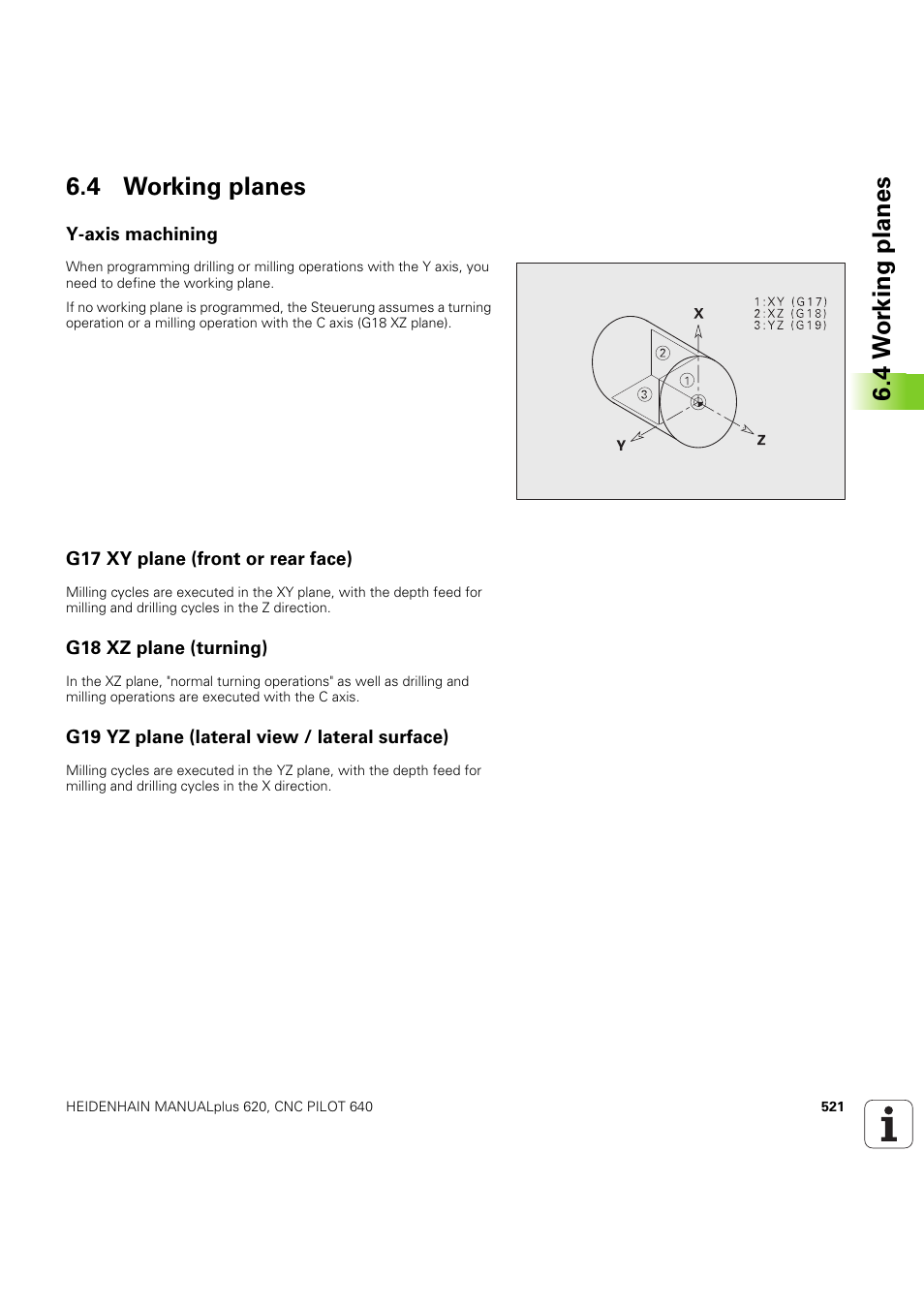 4 working planes, Y-axis machining, G17 xy plane (front or rear face) | G18 xz plane (turning), G19 yz plane (lateral view / lateral surface), 4 w o rk ing plan es 6.4 working planes | HEIDENHAIN SW 54843x-03 DIN Programming User Manual | Page 521 / 622