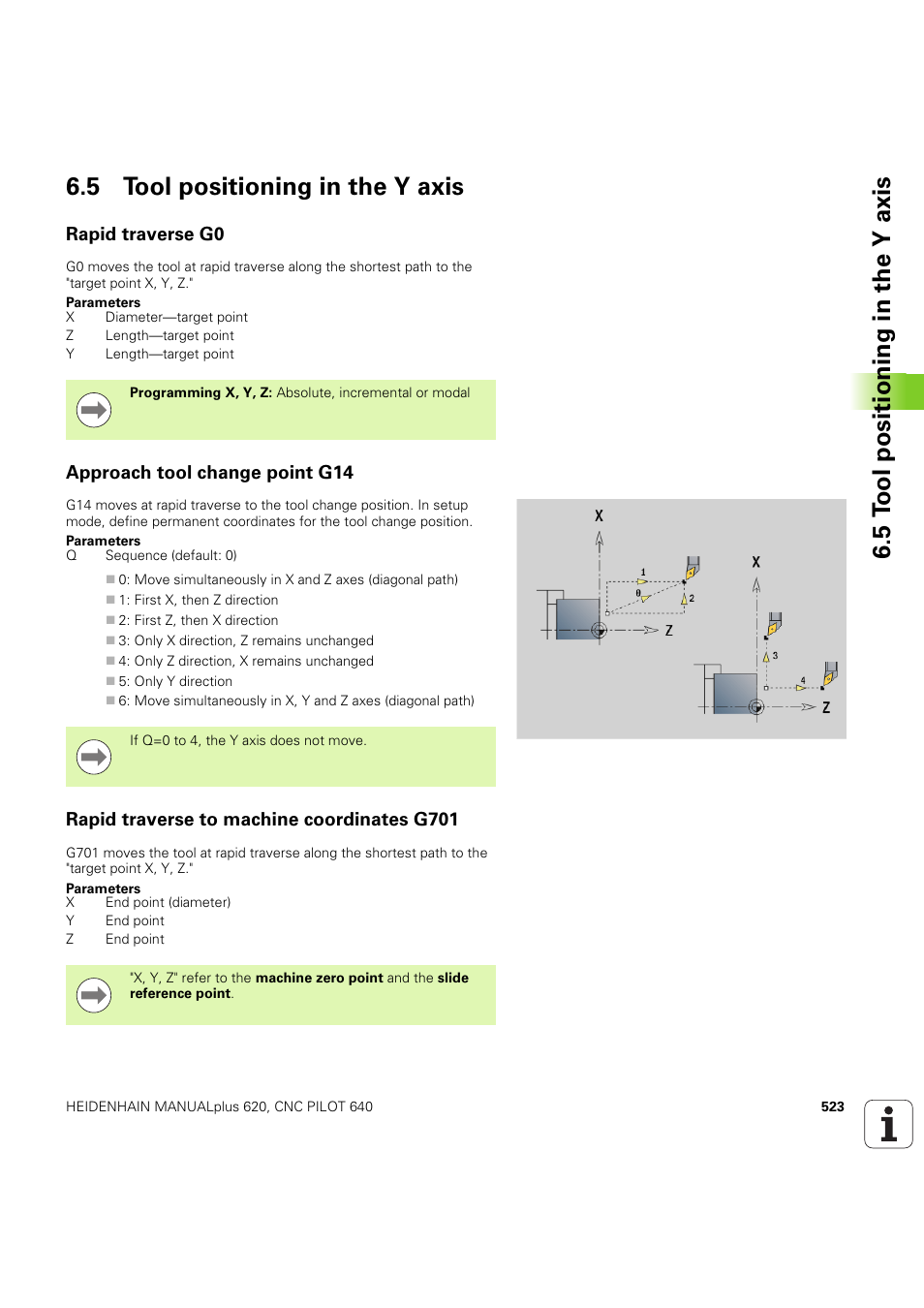 5 tool positioning in the y axis, Rapid traverse g0, Approach tool change point g14 | Rapid traverse to machine coordinates g701 | HEIDENHAIN SW 54843x-03 DIN Programming User Manual | Page 523 / 622
