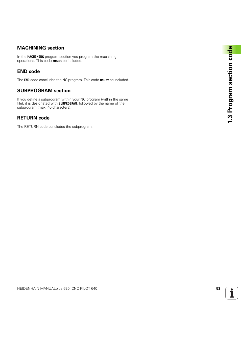 Machining section, End code, Subprogram section | Return code | HEIDENHAIN SW 54843x-03 DIN Programming User Manual | Page 53 / 622
