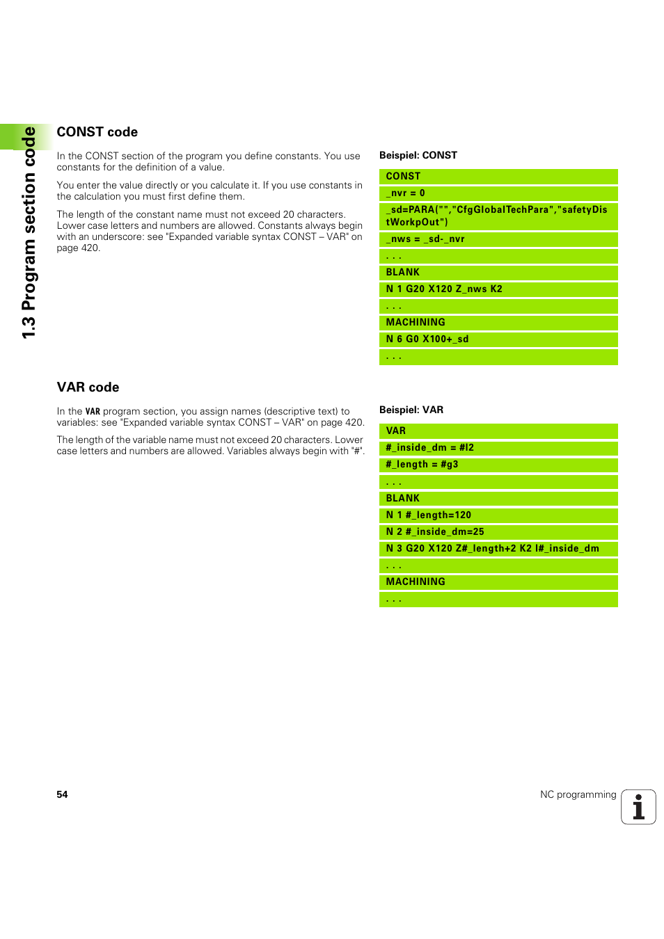 Const code, Var code | HEIDENHAIN SW 54843x-03 DIN Programming User Manual | Page 54 / 622